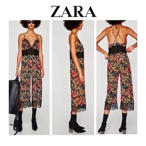 ZARA Floral Halter Jumpsuit with Lace Trim